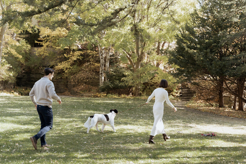 a couple playing in the yard with their dog